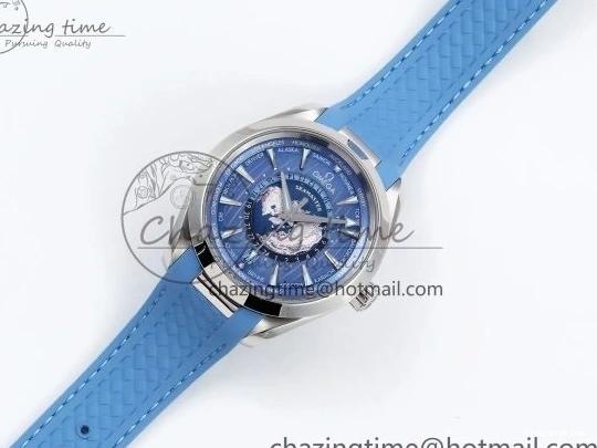 0201 GoAnywhere Aqua Terra GMT Worldtimer 43mm VSF 1:1 Best Edition Summer Blue Dial on Blue Rubber Strap A8938 Super Clone 7722